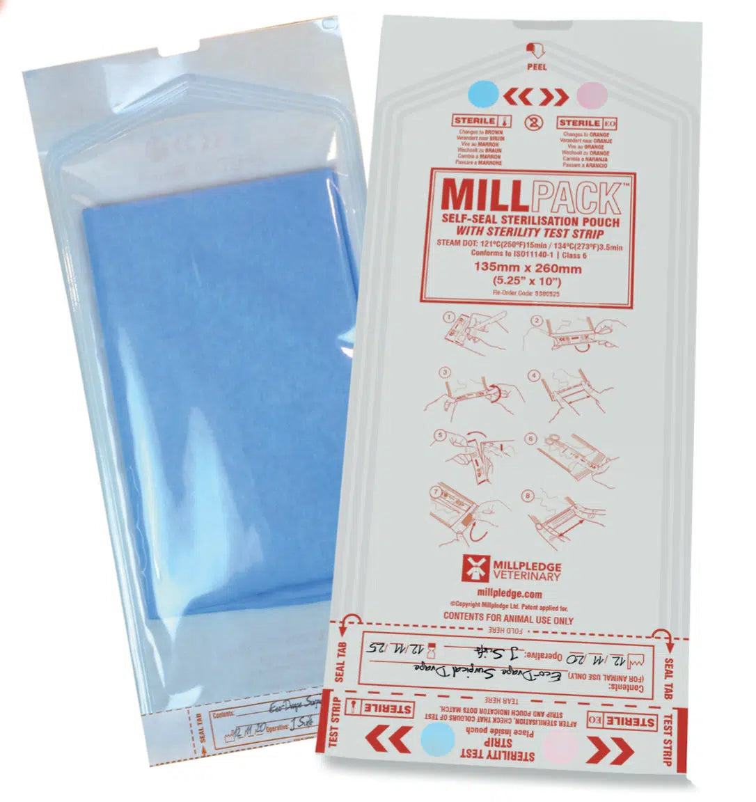 Millpack 135mm x 260mmSelf-seal sterilization pouch with a sterility test strip - Pack of 200