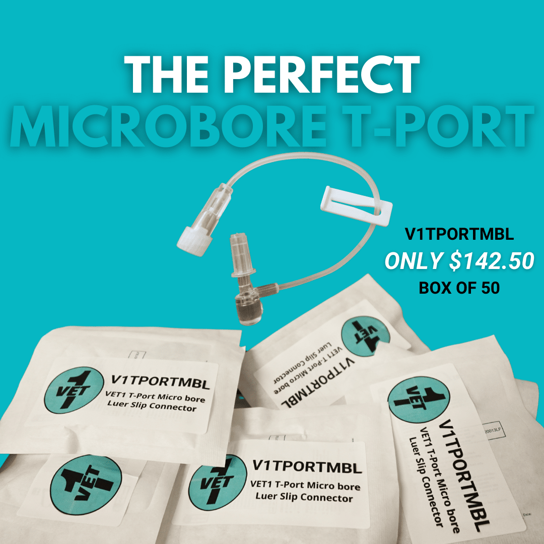 VET1 Microbore T-Port luer slip with latex free injection port and slide clamp. Length 12cm - Box of 50