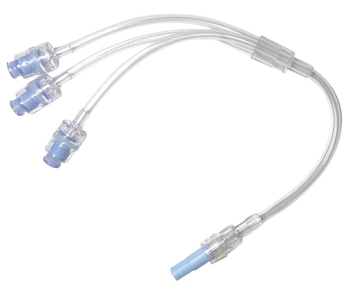 VET1 Trifurcated Extension Set Large bore with Needle Free Injection PortsOne way valves – 20cm Length