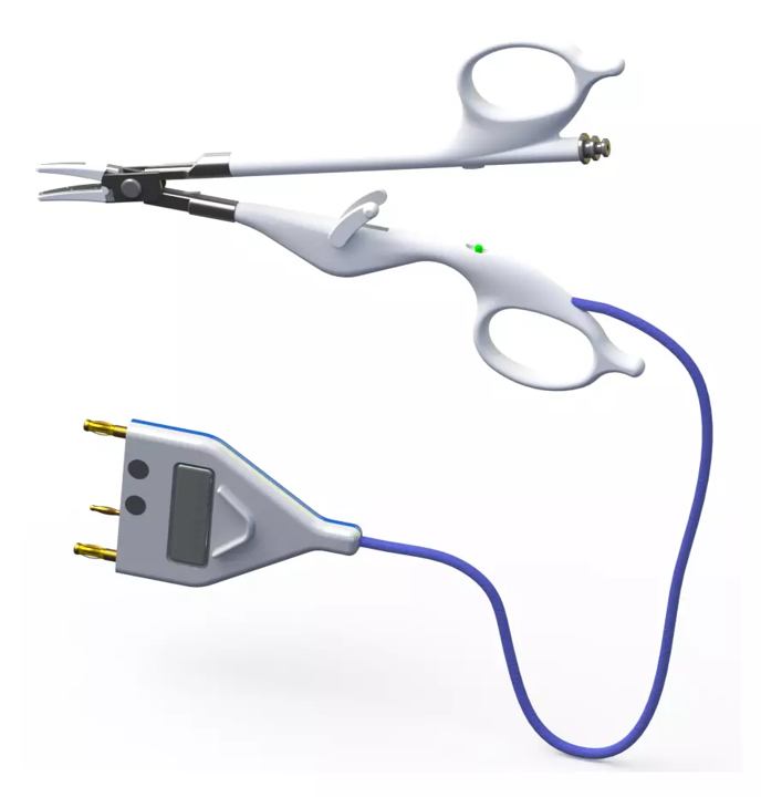 Electrosurgical scissors small jaw curved tip plastic non detachable with suction system tube