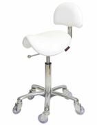 Stool - Saddle with Back Support - White Upholstery - Chrome Base and Click'nClean Wheels